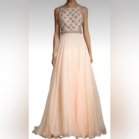 NWT Mac Duggal | Jeweled Beaded Halter Evening Gown In Peach Sorbet Size 12 - Picture 2 of 5